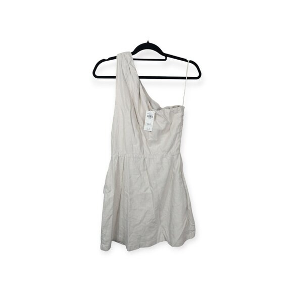 Abercrombie & Fitch Beige Linen Mini Dress SZ M One Shoulder Lined Cocktail Hour - Picture 2 of 12